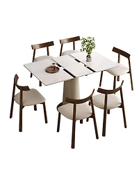 Streamdale Furniture Retractable Rock Slab Dining Table Set, 7-Piece Expandable Table with 6 Chairs & Leather Base