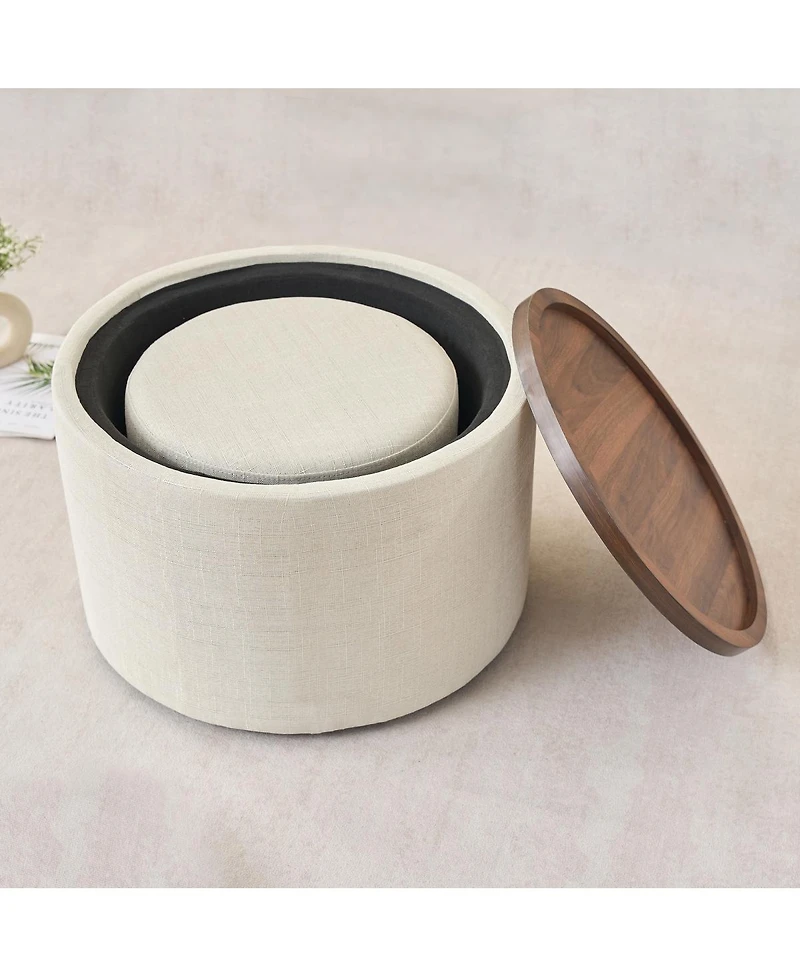 Streamdale Furniture Streamdale Ball & Cast Nesting Storage Ottomans (2-pc), Linen Upholstered w/Wood Tray, Beige