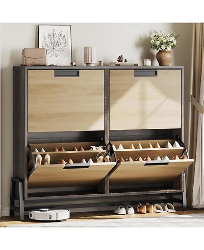 gaomon Cabinet Storage with 4 Flip Drawers, Freestanding Narrow Shoe Storage Organizer with 3-Tier Adjustable Shelves for Entryway