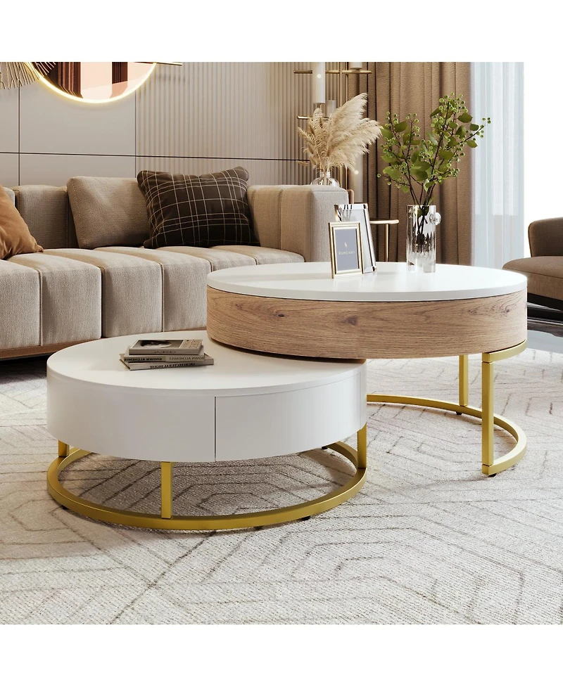 Streamdale Furniture Modern Round Lift-top Nesting Coffee Tables with 2 Drawers