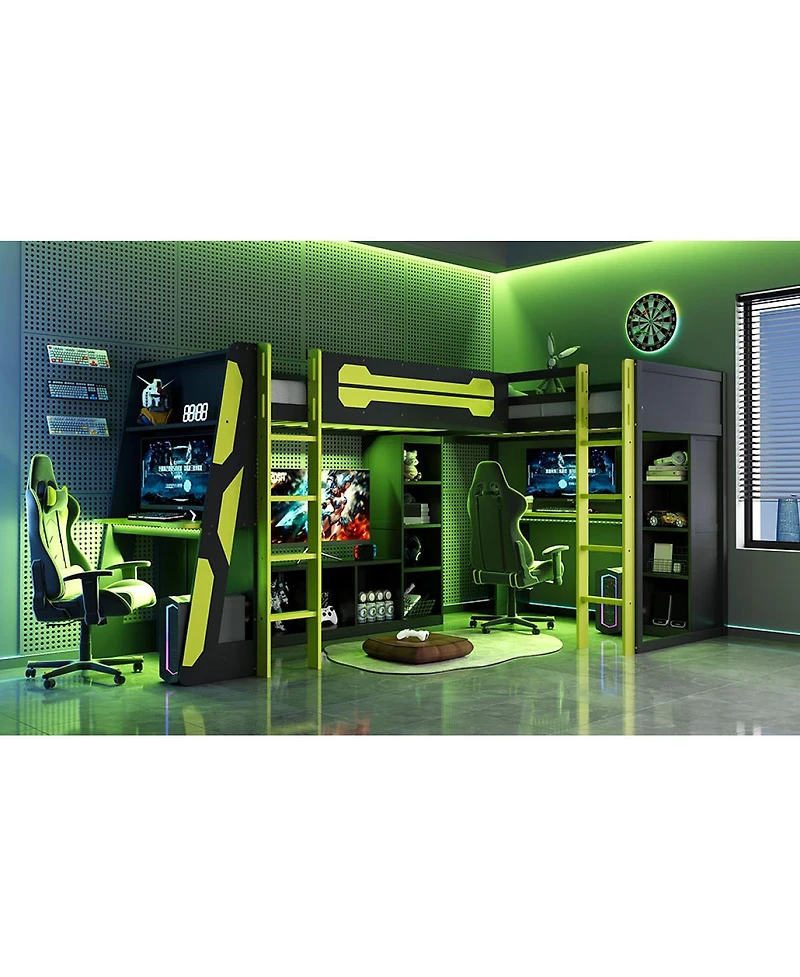 Streamdale Furniture L-Shaped Twin Gaming Bed Frame w/ Rgb, Usb, Tv Stand, Storage, Reversible