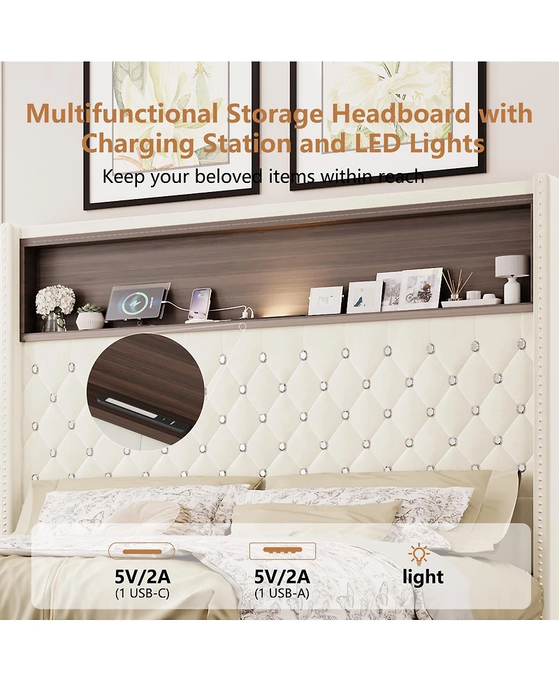 Streamdale Furniture Queen Velvet Tufted Bed Frame with Usb & Night Light