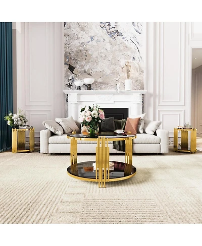 Streamdale Furniture Living Room Table Set: 3-Piece Round Glass & Gold Metal Tables