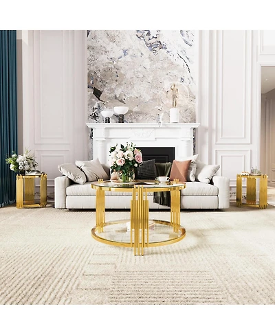 Streamdale Furniture Living Room Table Set: 3-Piece Round Glass & Gold Metal Tables