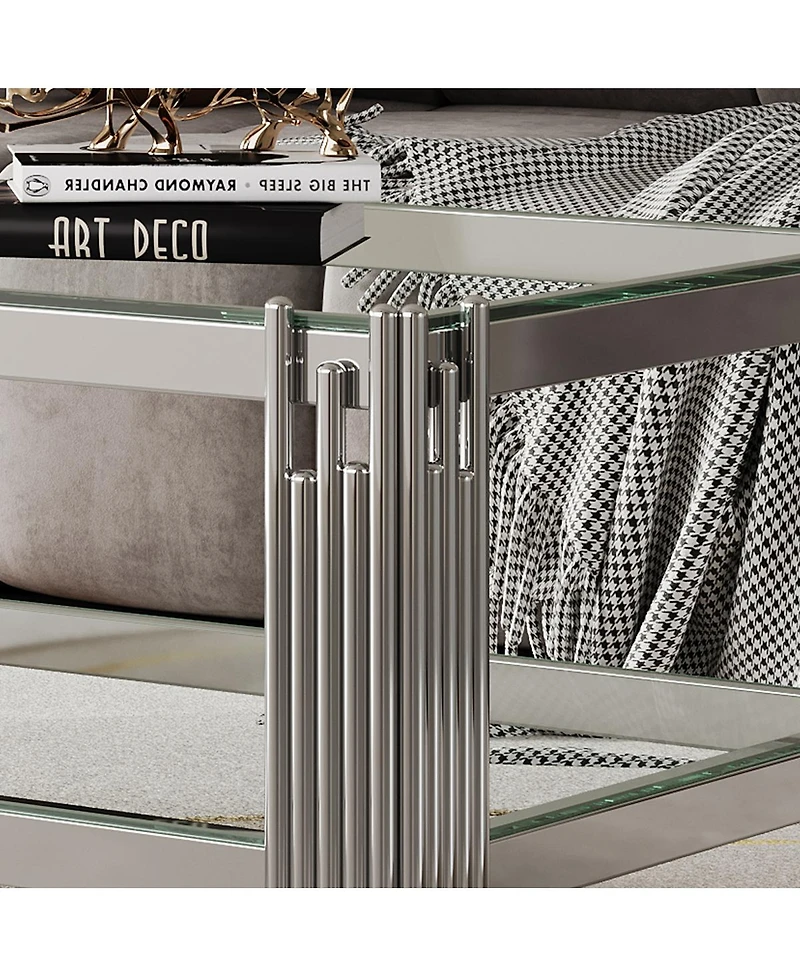 Streamdale Furniture Double Layer Tempered Glass Coffee Table with Mirror Stainless Steel Frame