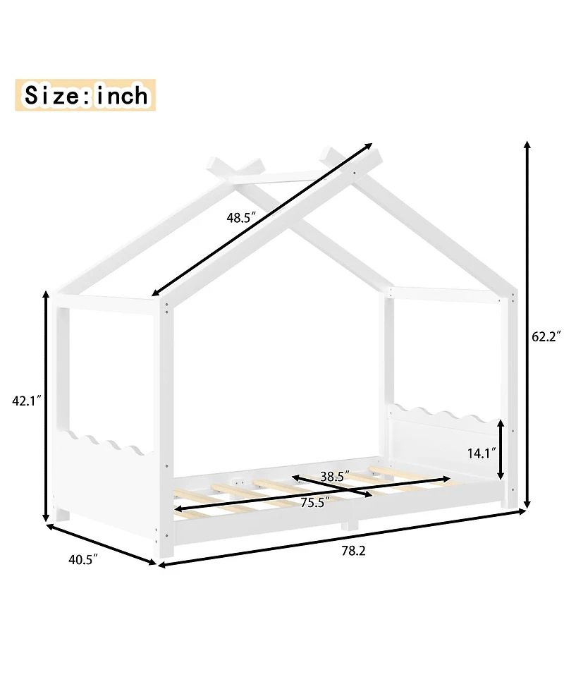 Streamdale Furniture Twin House Floor Bed with Slats, Solid Wood House Bed Frame for Kids, White