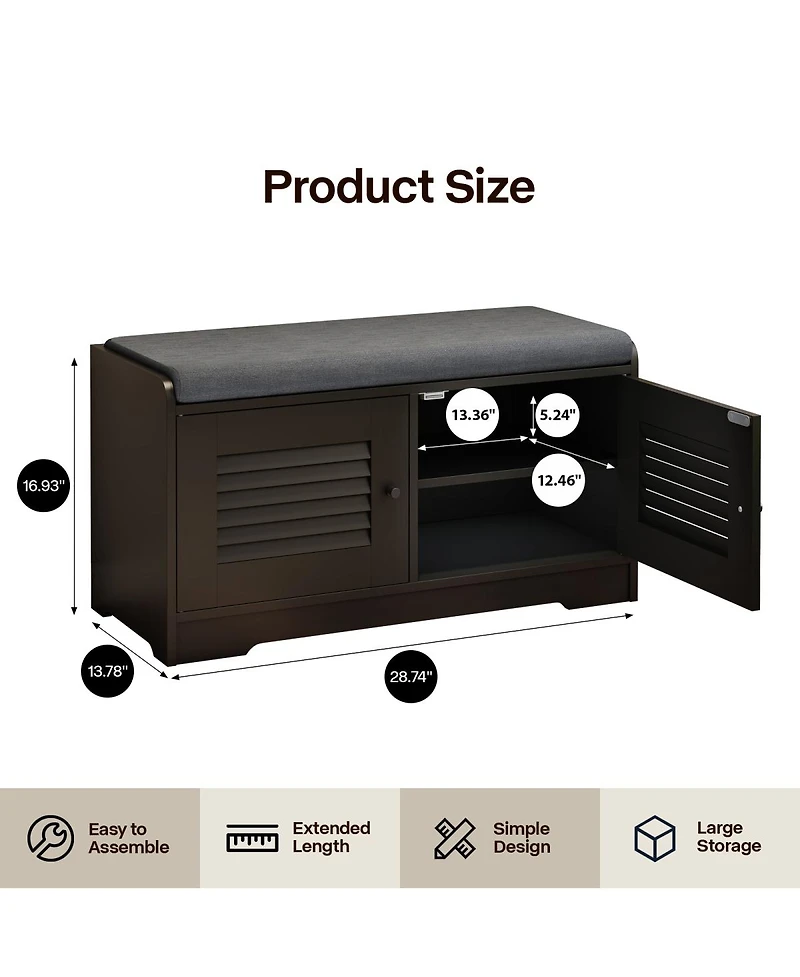 Streamdale Furniture Streamdale Shoe Storage Bench with 2 Door Cabinet and Cushion, Adjustable Shelves