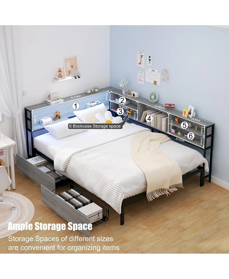 Streamdale Furniture Space-Saving Corner Bed with Storage, Charging, and Led Lights