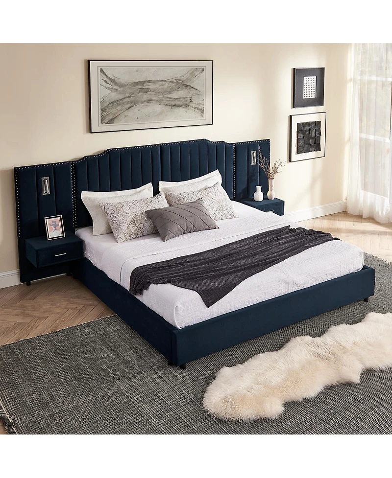 Streamdale Furniture King Size Velvet Upholstered Bed Frame with Vertical Stripes & Headboard