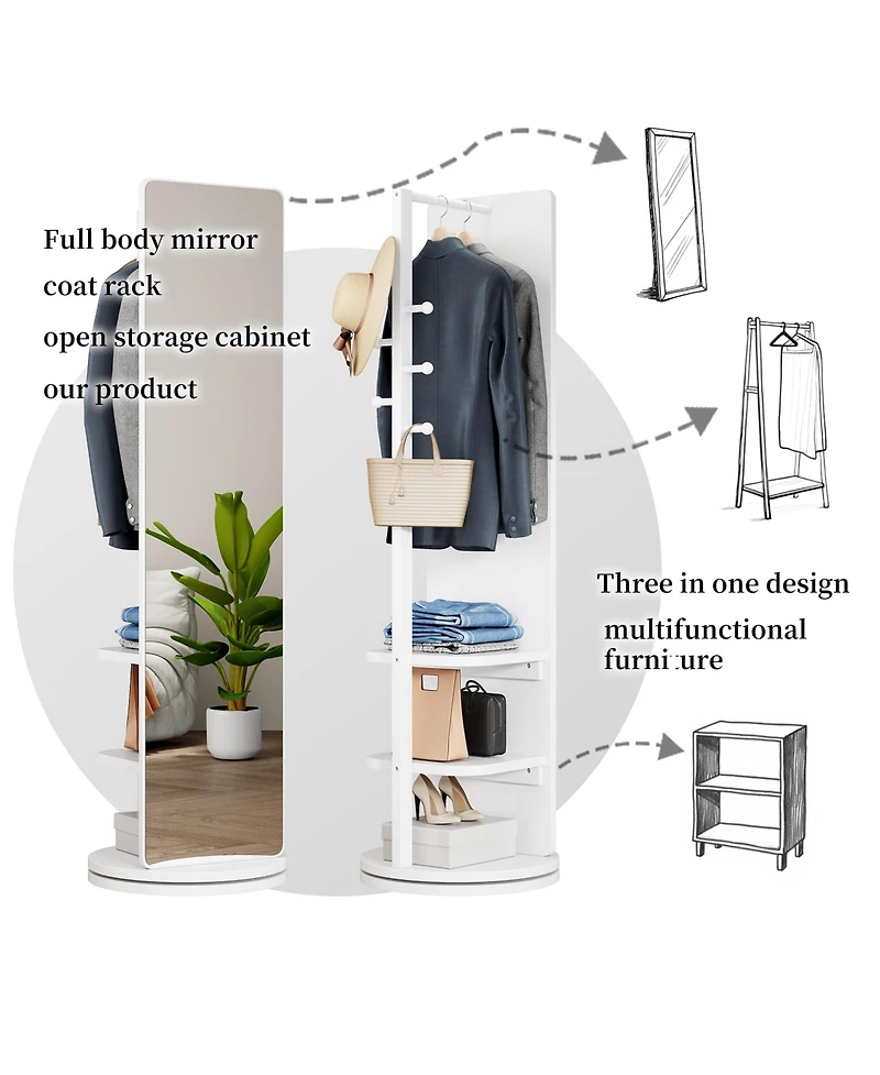 Busdays 360° Rotating 69"x16" Multifunctional Full-Length Mirror with Hook Storage Rack Coat Rack with Mirror Solid Wood Floor Mirror
