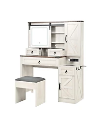 Streamdale Furniture Farmhouse Vanity Desk with Sliding Mirror, Lights, Charging