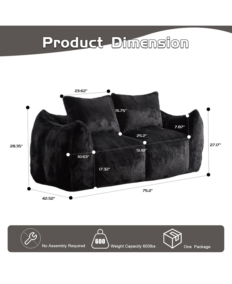 Cesicia Ergonomic Bean Bag Sofa Loveseat for Adults, Ultra Soft Fluffy Chase Lounge Chair Living Room Bedroom, No Assembly Required with Pillows