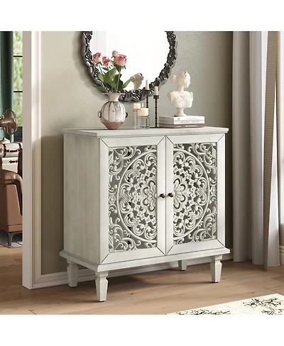 Streamdale Furniture Vintage Carved 2-Door Accent Cabinet with Floral Design (Antique Gray White