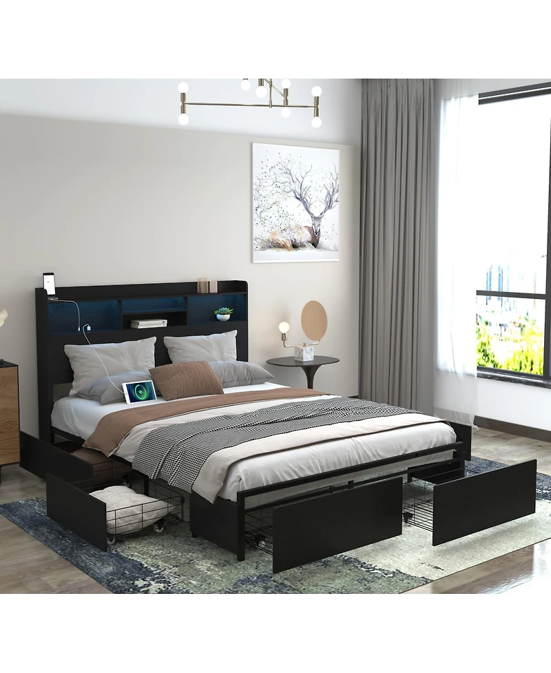 Streamdale Furniture Full Bed Frame with 6 Storage Drawers, Headboard, Led & Charging Station