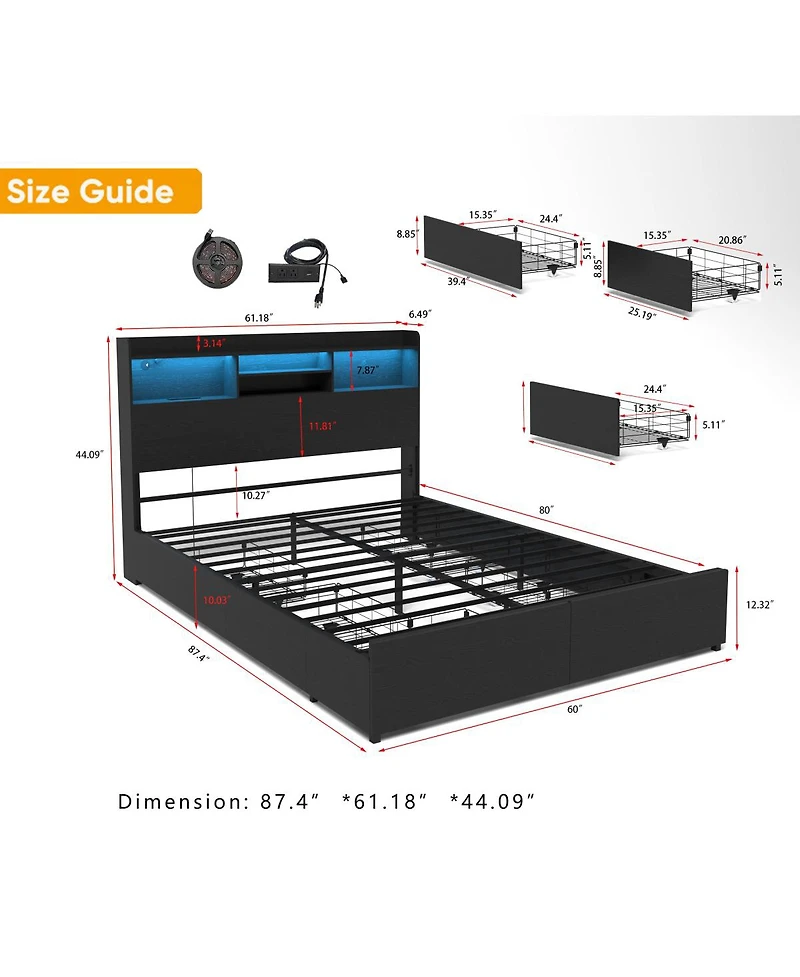 Streamdale Furniture Queen Bed Frame with 6 Storage Drawers, Led, Charging Station, Black