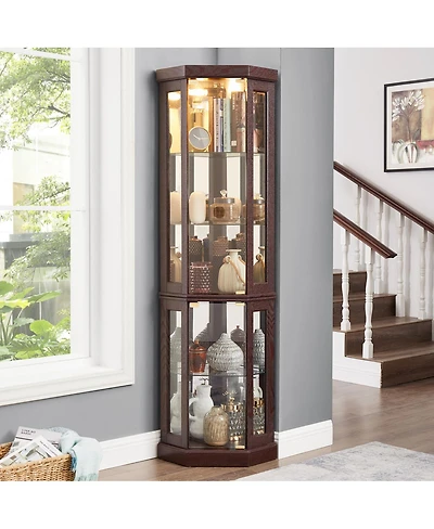 Streamdale Furniture Streamdale Corner Glass Lighted Curio Display Cabinet for Living Room, Wine, Bar Storage, Dark Cherry