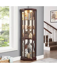 Streamdale Furniture Streamdale Corner Glass Lighted Curio Display Cabinet for Living Room, Wine, Bar Storage, Dark Cherry