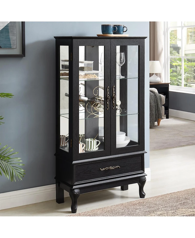 Streamdale Lighted Curio Cabinet with Glass Doors and Adjustable Shelves, Black