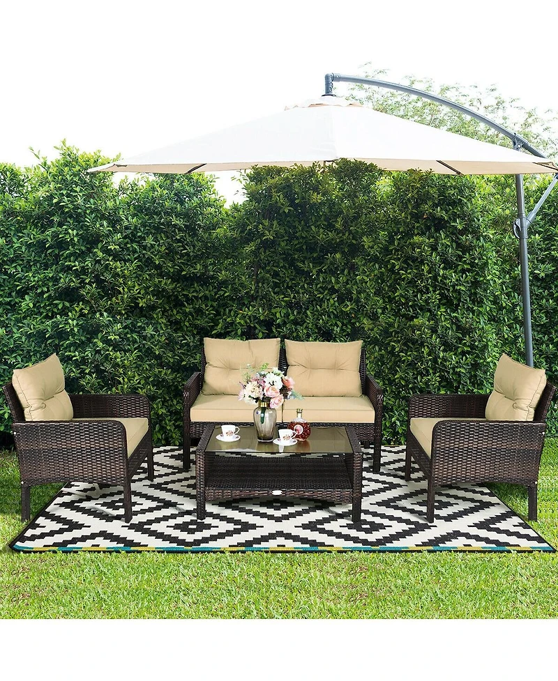 Slickblue 4PCS Patio Rattan Loveseat Seating Set with Cushioned Chairs