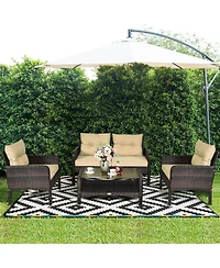 Slickblue 4PCS Patio Rattan Loveseat Seating Set with Cushioned Chairs