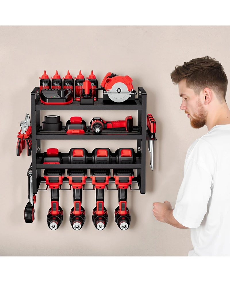 Mecale Wall-Mount Power Tool Organizer, 4-Tier Storage Rack with 4 Drill Holders, Screwdriver Holder, Garage Tool Storage Rack