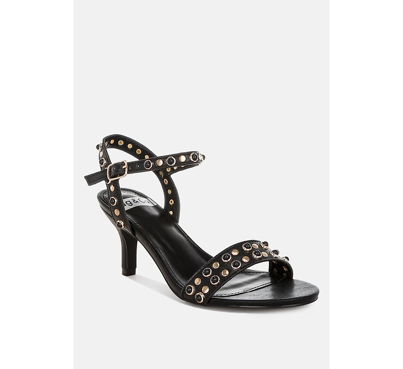 Nidara Studded Real Leather Kitten Heel Sandals