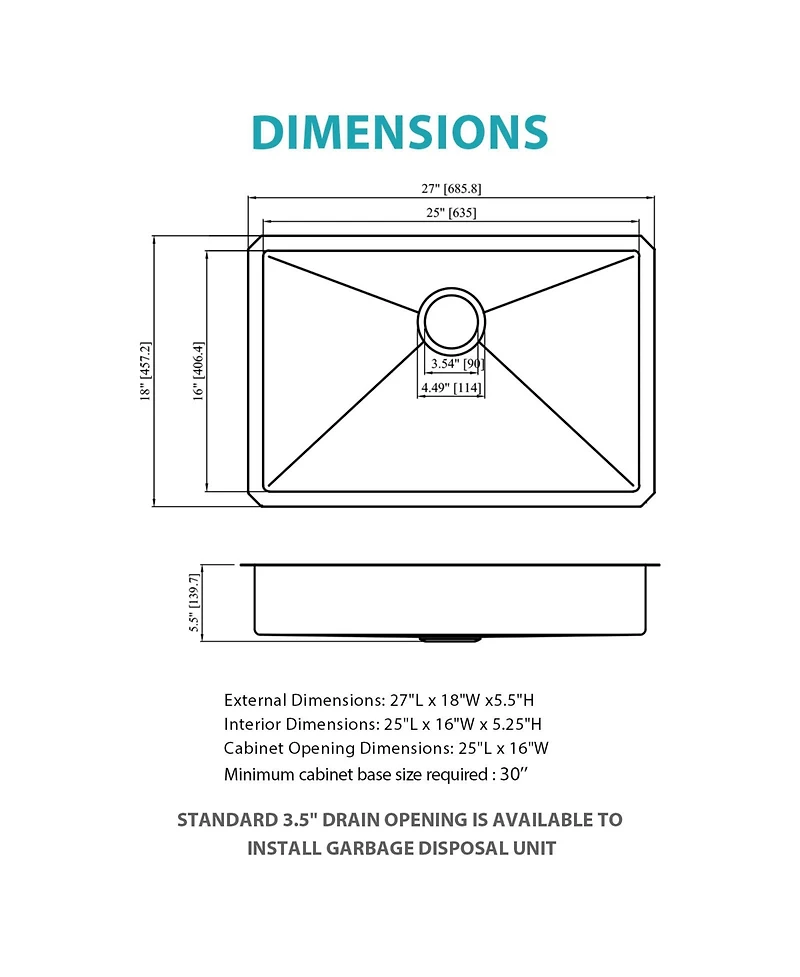 flynama 27x18x5.5inch Ada Compliant Kitchen Sink Undermount Stainless Steel Single Bowl 16 Gauge