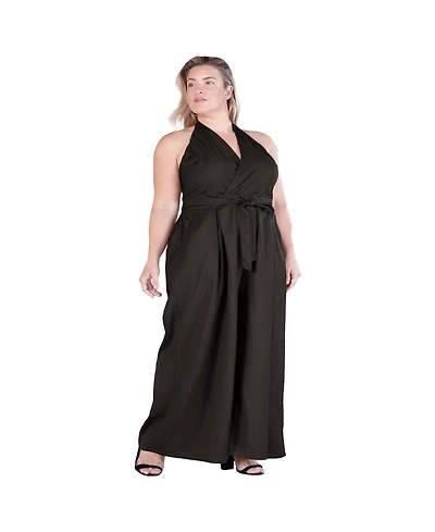Standards & Practices Women's Halter Smoked Waist Poplin Wide Leg Jumpsuit