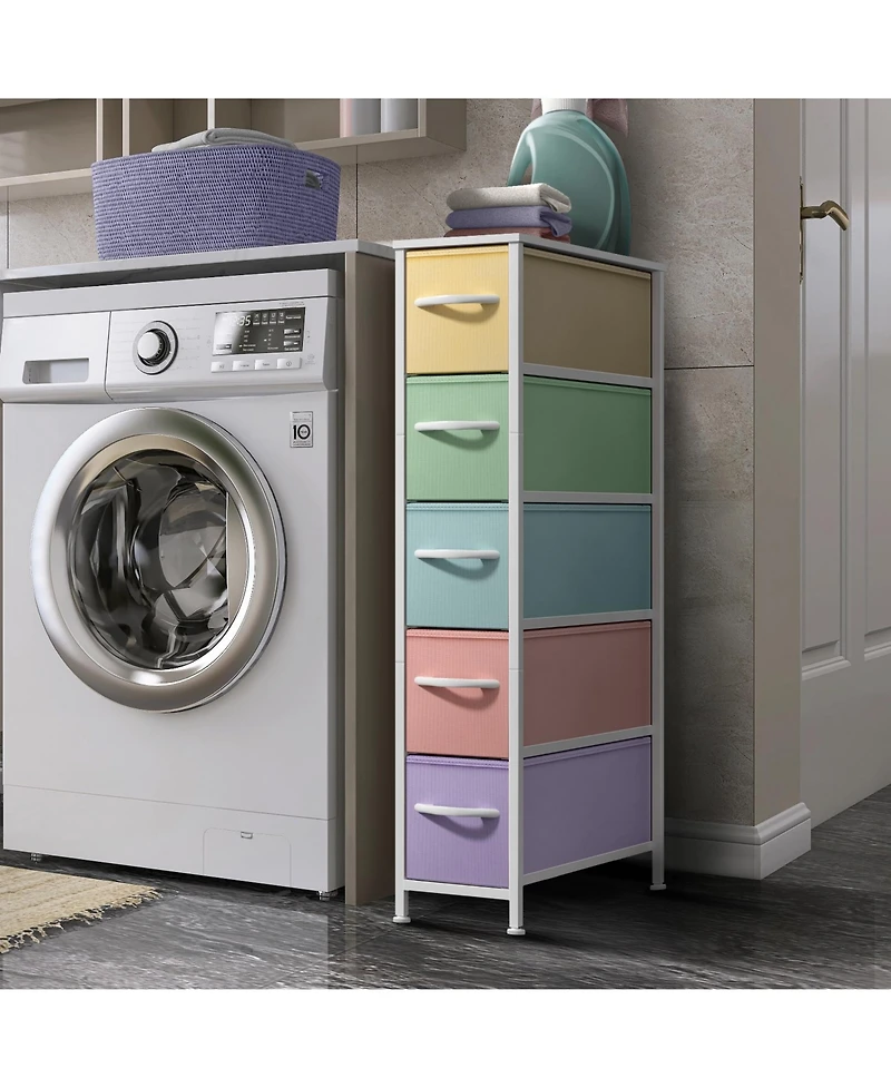 Sorbus Narrow Dresser with 5 Drawers - Steel Frame, Wood Top & Easy Pull Fabric Bins