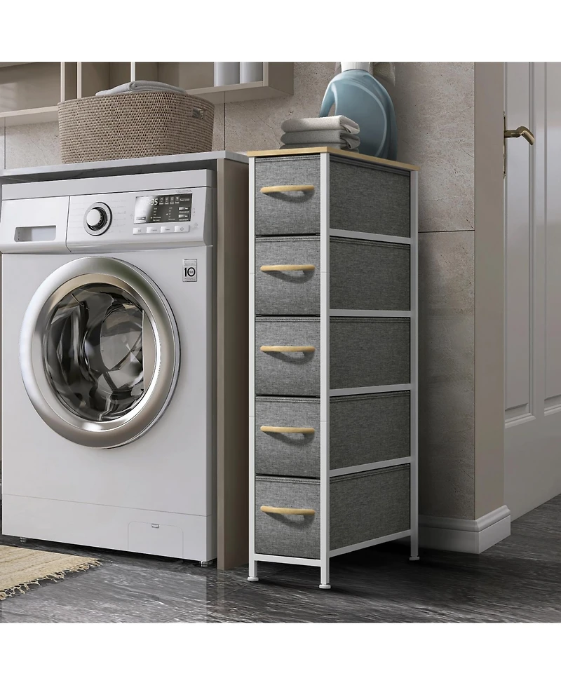 Sorbus Narrow Dresser with 5 Drawers - Steel Frame, Wood Top & Easy Pull Fabric Bins