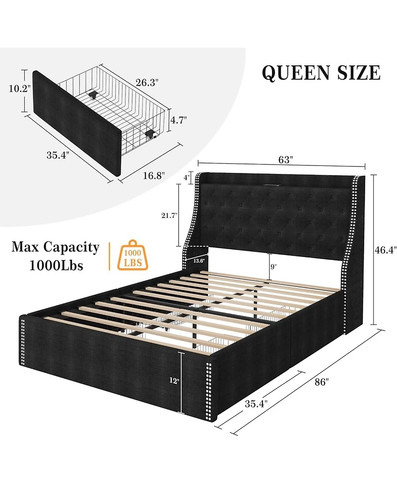 gaomon Wingback Headboard 4-Drawer Velvet Upholstered Platform Bed Frame with Charging Station