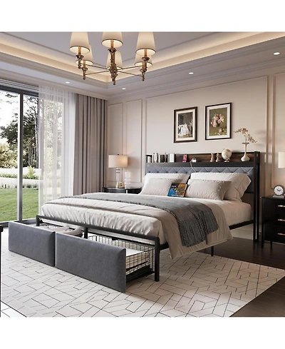 gaomon Led Bed Frame with Headboard Upholstered Platform Bed with Charge Station and Storage Drawers Heavy Duty Metal Slats No Box Spring Needed