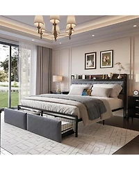 gaomon Led Bed Frame with Headboard Upholstered Platform Bed with Charge Station and Storage Drawers Heavy Duty Metal Slats No Box Spring Needed