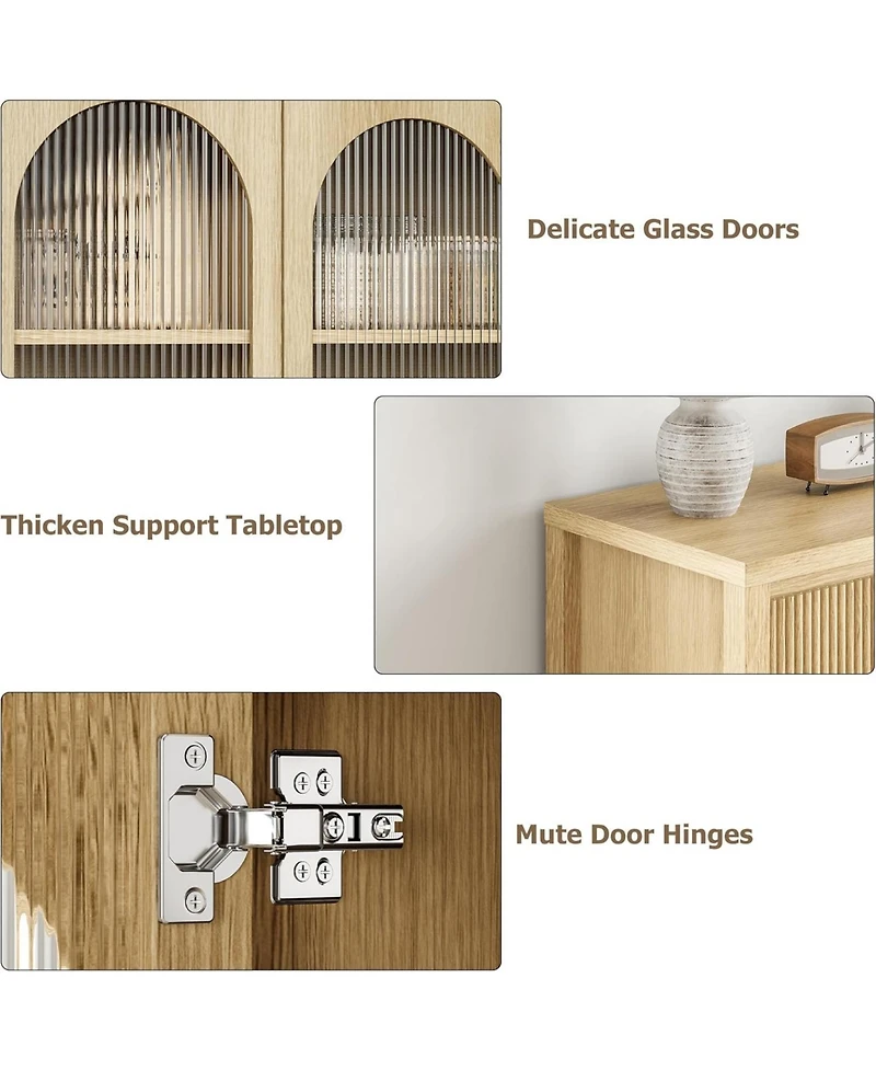 gaomon 55" Large Sideboard Buffet Cabinet with Storage, 4 Glass Doors & Fluted Drawer Fronts, Beige/Khaki