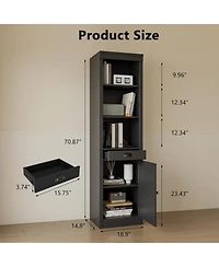 gaomon 71" Tall Bookcase with Door & Drawer, 5-Tier Narrow Bookshelf with Adjustable Shelf for Home Office, Black