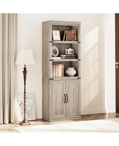 gaomon Farmhouse Bookcase with Doors, 5-Tier 70" Tall Bookshelf with Storage Cabinet for Living Room, Grey