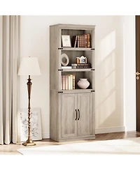 gaomon Farmhouse Bookcase with Doors, 5-Tier 70" Tall Bookshelf with Storage Cabinet for Living Room, Grey