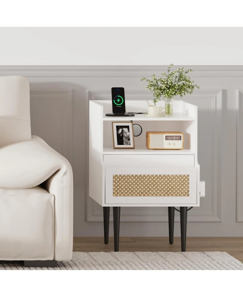gaomon Nightstand Set of 2, Rattan End Table with Charging Station, 2 Open Shelves Beside Table with Drawer and Solid Legs, White