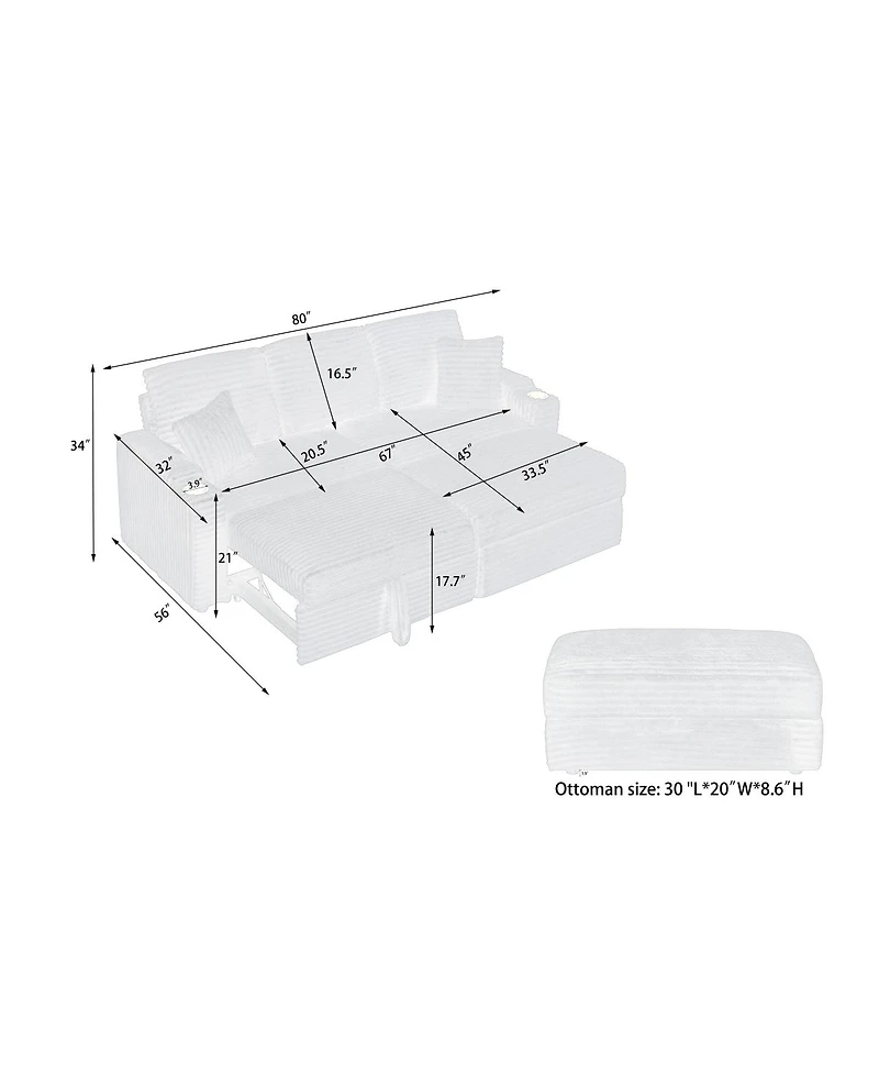 Streamdale Furniture Corduroy Multi-Function Sofa with Hidden Reclining and Removable Footstool