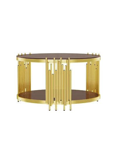 Streamdale Furniture 31.5" Modern Gold Coffee Table, Brown Tempered Glass, Stainless Steel Legs