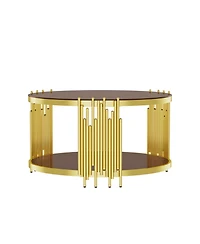 Streamdale Furniture 31.5" Modern Gold Coffee Table, Brown Tempered Glass, Stainless Steel Legs