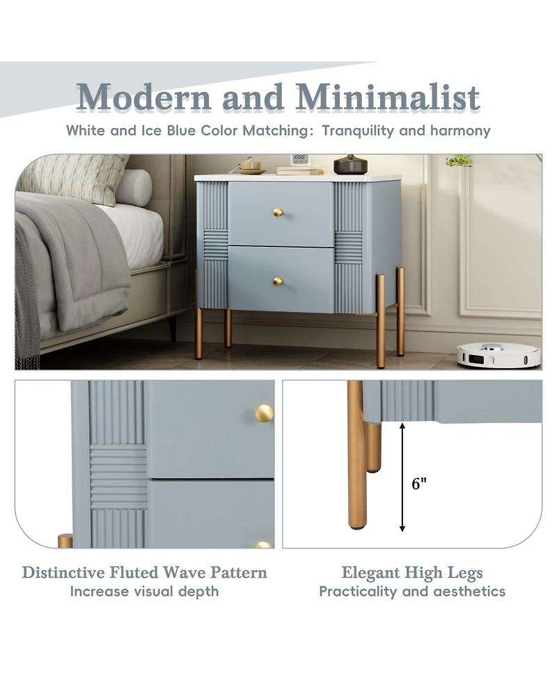 Streamdale Furniture Modern Black Nightstand with Fluted Drawers & Gold Accents