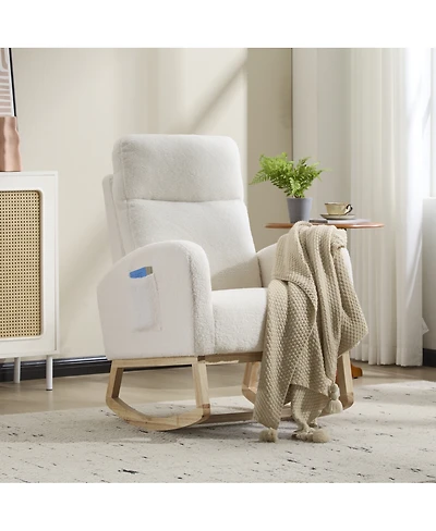 Streamdale Furniture Modern Accent Rocking Chair with Solid Wood Legs and Side Pocket (White, teddy