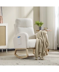Streamdale Furniture Modern Accent Rocking Chair with Solid Wood Legs and Side Pocket (White, teddy