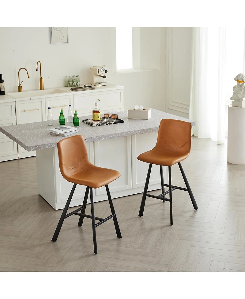 Streamdale Furniture Faux Leather Ergonomic Bar Stool with Footrest - Metal Frame (2 Sets)