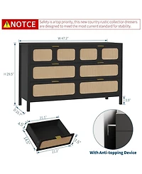 gaomon 6-Drawer Dresser, Rattan Storage Chest with Metal Handles & Wood Legs for Bedroom, Black