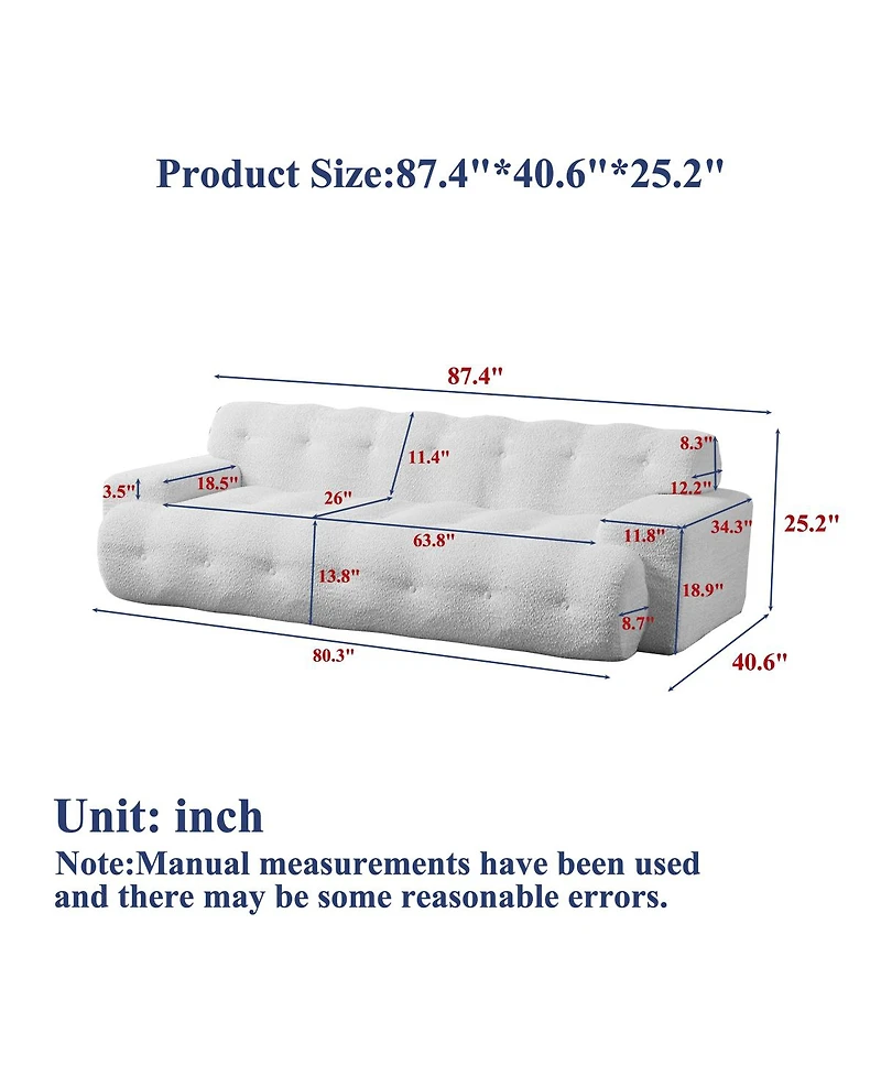 Streamdale Furniture Minimalist Button-Tufted Square Arm Three-Seater Sofa, Chenille, Snow White