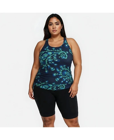 Calypsa Women's Plus Maya Tankini Swim Top With Built-In Bra and Black Long Bike Shorts