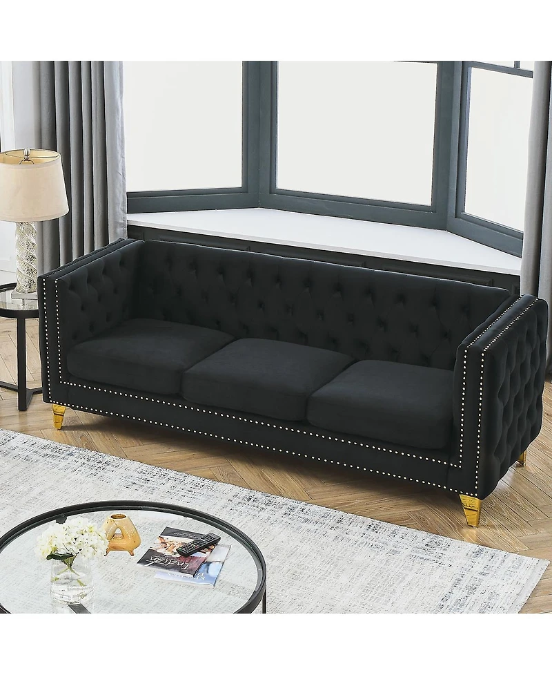 Streamdale Furniture Velvet Sofa for Living Room, Tufted Square Arm Couch, Modern Upholstered Button & Metal Legs