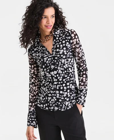 I.n.c. International Concepts Women's Long-Sleeve Printed Mesh Collared Top, Macy's Exclusive